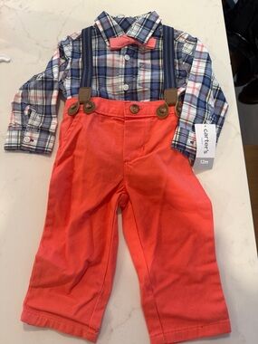 Carter's Navy Plaid Shirt with Coral Pants and Bow Tie